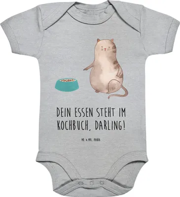 Produktbild von Mr. & Mrs. Panda babykleidung body Katze Fressen 12. - 18. Monat - Heather Grey - Geschenk, Babybody, Einteiler, Strampler, overall baby