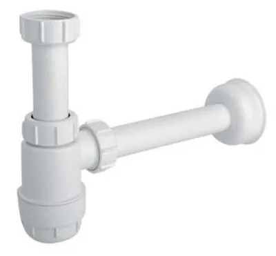 A white plastic siphon trap for a sink, shown against a white background.