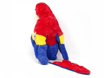 A plush toy parrot is shown from a side-back angle against a white background.