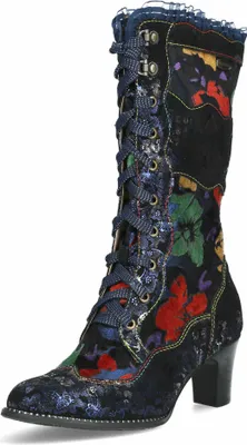 Produktbild von Laura Vita Damen Stiefel Leder floral Blumenmuster Rüschen Elcodieo 103, Größe:38 EU, Farbe:Blau