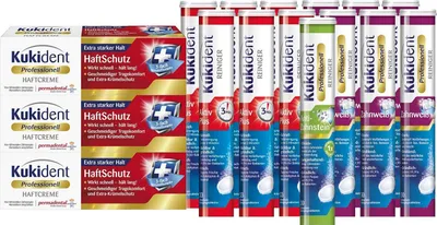Produktbild von Kukident Set: Anti-Zahnstein 1x30 Tabs, Zahnweiß 6x30 Tabs, Aktiv Plus 6x33 Tabs, Haftcreme 3x40g