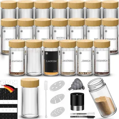 Produktbild von Runde Gewürzdosen mit Aufklebern, 24er-Set – 120 ml – hochwertiger Holzdeckel aus Bambus – Gewürzstreuer mit Streuaufsätzen – Trichter – Gewürzdosen mit Etiketten – Küchenorganisation – Gewürzaufbewahrung Gewürzdosen mit Aufklebern