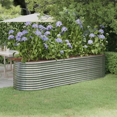 Produktbild von vidaXL Ovales Hochbeet aus Pulverbeschichtetem Stahl, Silber, 296x80x68 cm, mit inneren Stützbügeln, für Garten, Balkon & Terrasse