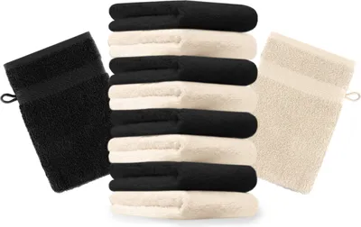 Produktbild von Betz 10 Stück Waschhandschuhe 16x21 cm PREMIUM 100% Baumwolle  Farbe: beige und schwarz
