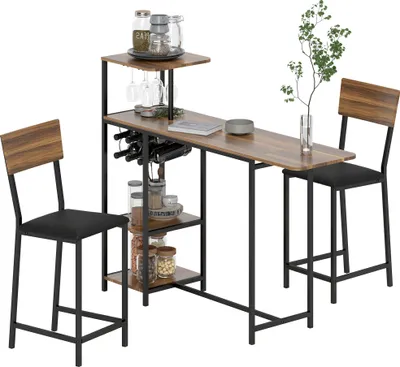 Produktbild von 3-teiliges Bartisch-Set, 1 Bartisch, 2 Stühle, mit Weinregal, Glashalter, Offene Regale, Fußstützen, Braun