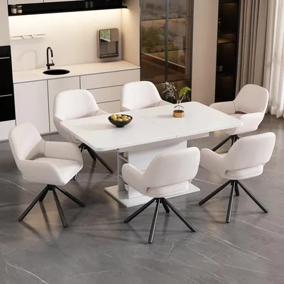 Zdjęcie produktu dla Zestaw 6 krzeseł do jadalni, obrotowe, model Sherpa, tapicerka materiałowa, z podłokietnikami, nowoczesny design, kolor biały