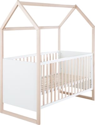 roba Hausbett 70x 140 cm - Babybett umbaubar zum Kinder / Juniorbett - Höhenverstellbar - 3 Schlupfstäbe - Gitterbett in Rahmenoptik aus Buche natur - Holz weiß