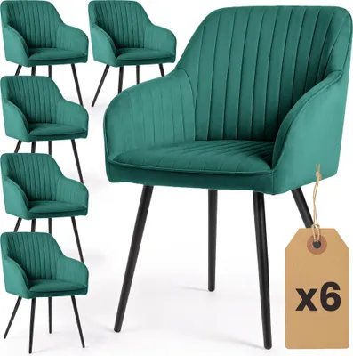Produktbild von 6er Set Velours Esszimmerstühle mit Ziernähten FLORENCE Dunkelgrün mit schwarzen Beinen