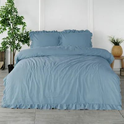 Zdjęcie produktu dla Limasso Bawełniana poszwa na kołdrę 200x220 niebieska z falbaną w jednolitym kolorze Stonewashed Blue