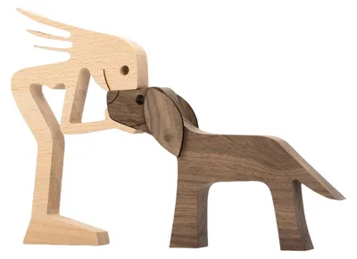 Produktbild von Rustikale Holzfigur mit Hund und Junge, minimalistische Welpenfamilienfigur, Geschenk für Hundeliebhaber, Schreibtischdekoration