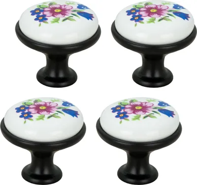 Immagine prodotto di set di 4 pomelli per mobili in Vetroceramica nera con motivo a rose vintage, elegante finitura opaca, ideale per armadi e cassettiere