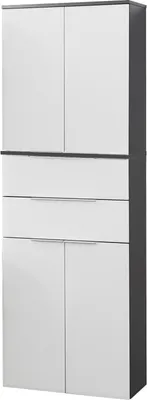 Produktbild von FACKELMANN Doppel-Hochschrank KARA / Badschrank mit Soft-Close-System / Maße (B x H x T): ca. 61 x 176 x 32 cm / mit Schubladen und Türen / Korpus: Anthrazit / Front: lackiertes Glas in Weiß