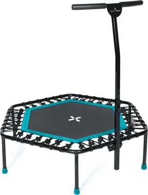 A square fitness trampoline with a handle bar, shown against a white background.