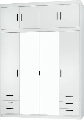 A white wardrobe with four doors and three drawers on each side, and a mirrored center section.
