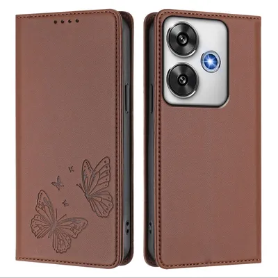 Produktbild von Lederhülle für Xiaomi Poco F6, Schmetterling Prägung Leder Brieftasche Schutzhülle mit Ständer Braun