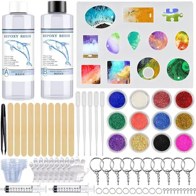 Produktbild von Minicee Epoxidharz Set 200g A+B 1:1 Giessharz DIY Schmuck Herstellung Kristallklar mit Zubehör 82-teilig