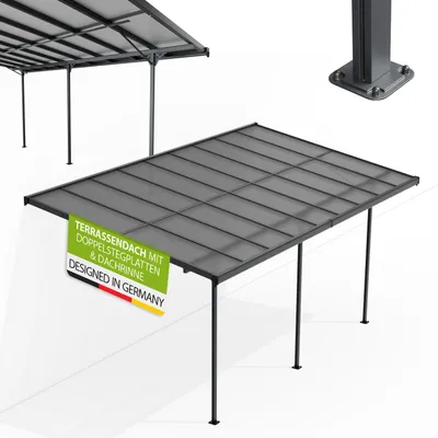 Produktbild von Juskys Terrassenüberdachung Borneo 5,5 x 3 m – Aluminium Terrassendach mit Doppelstegplatten Sonnenschutz Wandmontage Überdachung für Terrassen Dunkelgrau