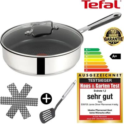 Produktbild von Tefal E76 Jamie Oliver Schmorpfanne 25cm Induktion –  4-tlg. Set mit Glasdeckel, Pfannenschoner & Wender – Titanium Excellence Antihaft