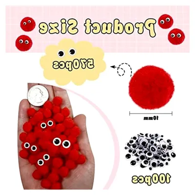 Produktbild von TOAOB 570 Stück Pompons zum Basteln in Rot, 10 mm, mit 100 selbstklebenden Wackelaugen