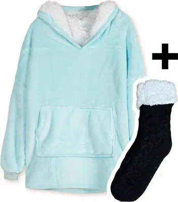 Produktbild von Zoem - Fleecedecke mit Ärmeln - inklusive Fleecesocken - Kombi-Deal - Fleece Plaid - Pullover - super weich - 280 g/m² - Hellblau - Pullover - Kuscheln - Hoodie - Kuscheln Hoodie - Oversized Fleece - Winterpullover