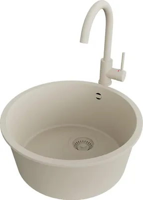 Produktbild von PRIMAGRAN Granitspüle Beige 46x46cm, Spülbecken Rund 1 Becken + Küchenarmatur 32x20cm + Ablauf-Set, Küchenspüle ab 50er Unterschrank - Valletta Slim