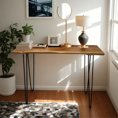 Image de Table basse en bois massif 108 cm - Table de salon rectangulaire de style industriel avec pieds métalliques en épingle à cheveux