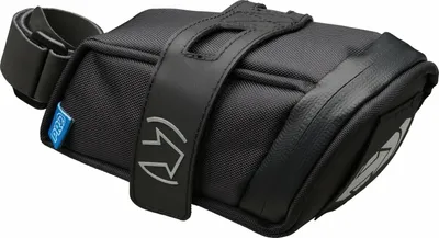 A black bicycle saddlebag is shown against a white background.