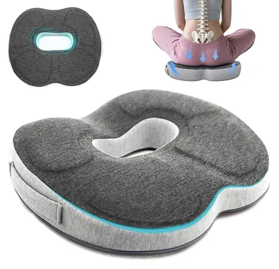 A collage of images showing a memory foam seat cushion, including a close-up of the cushion and a diagram of a person sitting on it to illustrate its ergonomic benefits.