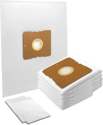 A stack of white vacuum cleaner bags with brown cardboard inserts, and two individual bags in the foreground.