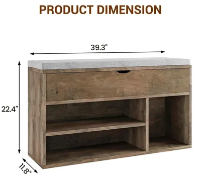 Immagine prodotto di Panca porta scarpe con cuscino – Scarpiera a due ripiani – Contenitore aperto per scarpe, ideale per l'ingresso – Panca in legno – Marrone