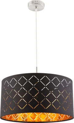 A pendant light with a black drum shade featuring a geometric cut-out pattern and a gold interior, suspended by a silver cord and ceiling mount.