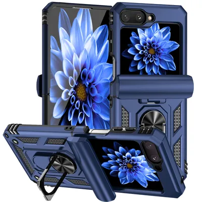 Immagine prodotto di Custodia per Samsung Galaxy Z Flip 5 a doppio strato con copertura scorrevole della fotocamera e supporto ad anello blu