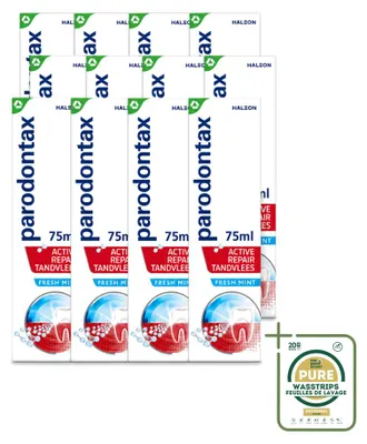 Imagen del producto de 12 unidades de pasta dental Parodontax Active Repair, sabor a menta fresca, para el cuidado de las encías, 75 ml. Pack ahorro