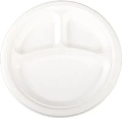 Produktbild von 50x Teller 3-geteilt aus Bagasse, naturweiß, rund Ø26cm, 50Stk.