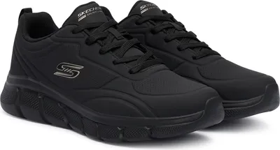 A pair of black Skechers sneakers are shown from a slightly elevated side angle against a white background.