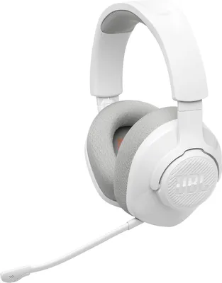 A white gaming headset with a microphone is shown against a white background.