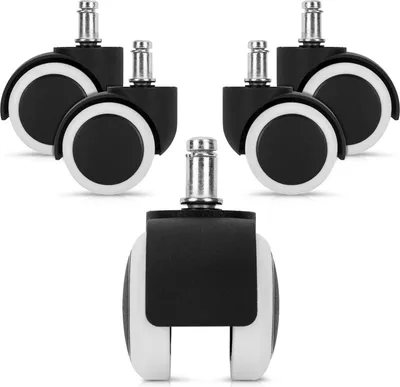 A set of five black and white office chair casters with silver metal stems, arranged in a display formation on a white background.