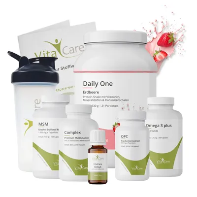 Produktbild von VitaCare 21-Tage Stoffwechsel-Kur Paket Erdbeere, 8-teiliges Komplettpaket mit Proteinshake, MSM, Multivitamin, Omega 3 plus, OPC, Globuli & Shaker