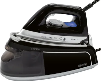 A black steam iron with a silver and blue accent, shown from a side-angle against a white background.