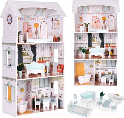 Immagine prodotto di Casa delle bambole Alice - 3 piani, 4 stanze, set con 9 mobili ECOTOYS