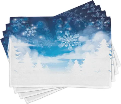 Produktbild von ABAKUHAUS Winter Platzmatten, Schneeflocken Kristall Teilchen Aus Dem Eis Mit Den Tannenbäumen Und Wolken Und Sternen, 30 x 45 cm, Blau