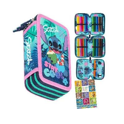 Produktbild von Federmäppchen 3 Fächer - Mäppchen für Mädchen - Federmappe 3-Fach Federtasche Gefüllte Schüleretui Schulmäppchen und Hausaufgabenheft - Stitch