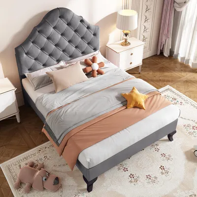 Image de Lit rembourré 90 x 200 avec sommier à lattes et tête de lit, Lit rembourré avec tête de lit réglable en hauteur, velours, gris