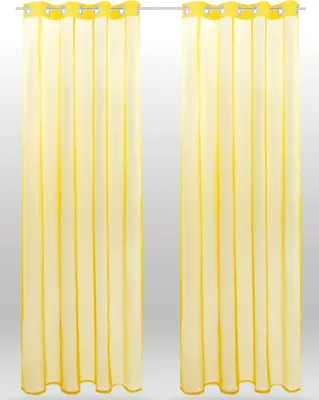 Two yellow sheer curtains hanging on a rod.