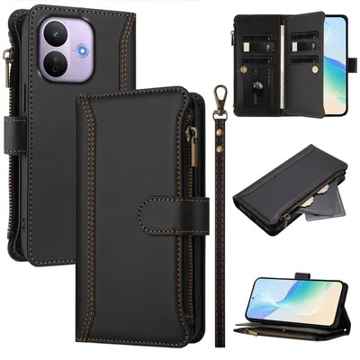 Obrázek produktu pro Pouzdro pro Xiaomi Redmi Note 17 Pro 5G, zipem, peněženkovéPolyuretankožené flip pouzdro s kapsami na karty, stojánkem a poutkem na ruku černý