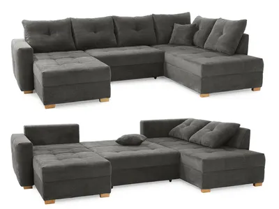 Produktbild von Wohnlandschaft U-Sofa groß Schlaffunktion Couch Bettkasten Cord Dunkelgrau / 15220