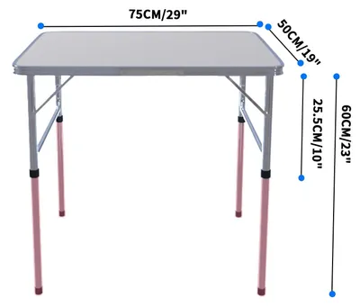 Image de Table de camping et de pique-nique - Table pliante - Réglable en hauteur de 25 à 60 cm - 75 x 55 cm - Structure en aluminium, plateau en MDF - Dimensions pliée : 75 x 55 x 5 cm - 3 kg