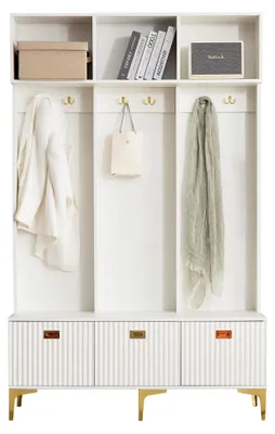 Produktbild von Garderoben-Set mit Sitzfläche, Schuhschrank und Haken, Flurgarderobe, Kompaktgarderobe, Wandgarderobe (weiß)