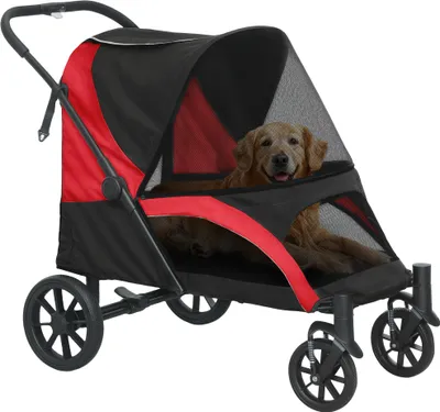 Produktbild von PawHut kočárek pro psy kočárek pro psy skládací pro velké psy a kočky do 30 kg kočárek pro kočky s polštářem síťovaná okna dveře úložná taška kočičí kočárek s bezpečnostními vodítky, brzdy, kočárek černý
