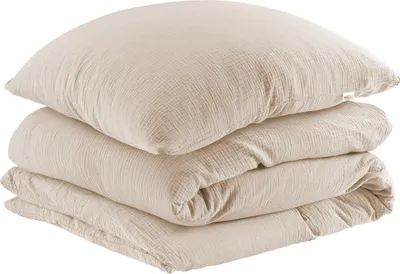Produktbild von Pure Label Musselin Bettwäsche 135x200 cm mit einem Kissenbezug 40x80 cm aus 100% Baumwolle - Traumhaft weiche Bettwäsche-Sets in beige aus Musselin